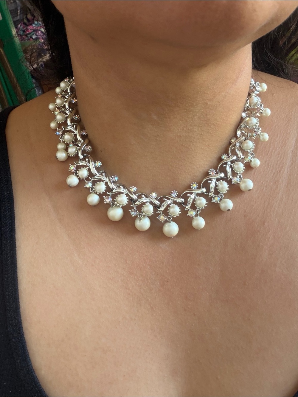 Pearl and Rhinestone Statement Choker Necklace - White